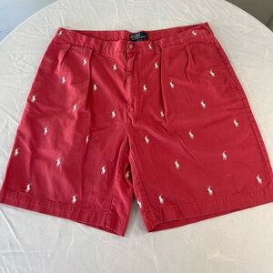Ralph Lauren Red Polo Player Embroidered Flat Front Shorts
